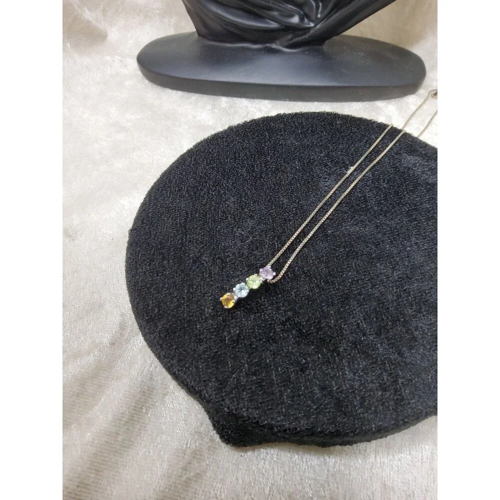 vintage ati sterling silver rainbow gemstones bar pendant necklace - Picture 6 of 6